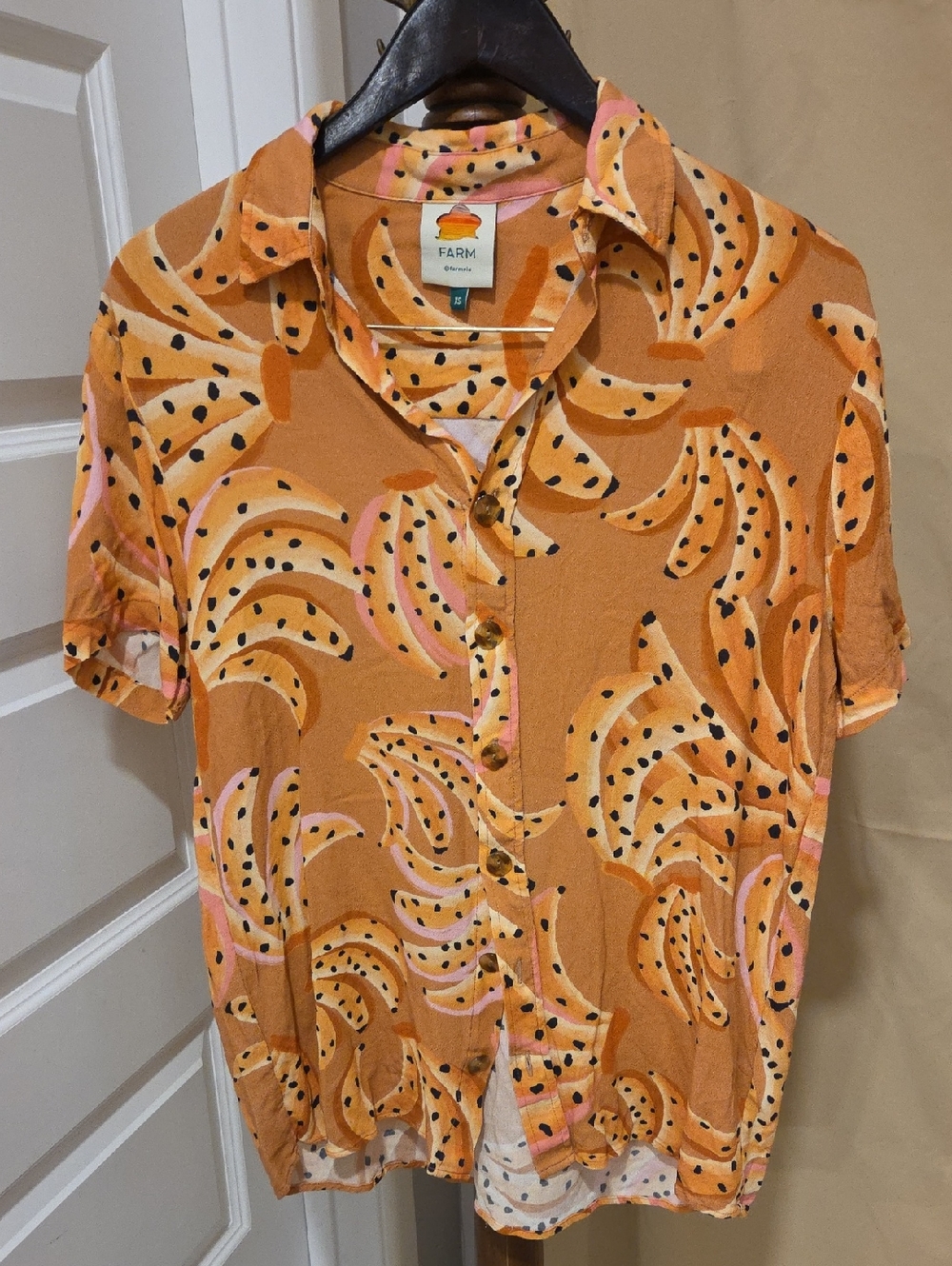 FARM Rio Orange Banana-Pattern Short Sleeve Button-Down Shirt